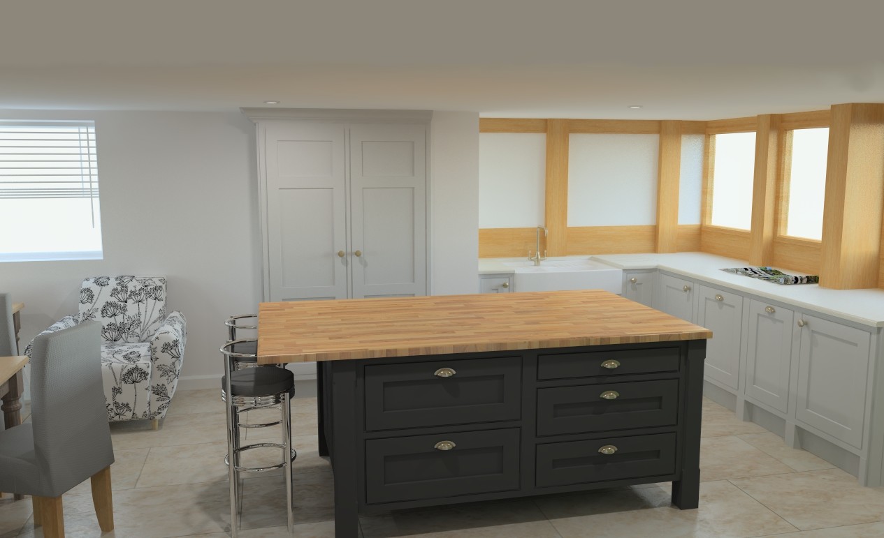 Redbrook design and install Luxury kitchens in Gloucestershire - this illustration is of a central island hand painted in dark grey with wooden counter top