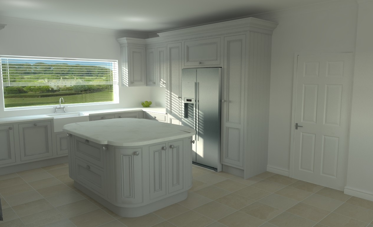 Redbrook design and install Luxury kitchens in Gloucestershire - this illustration is of a white central island in a minimalist white kitchen