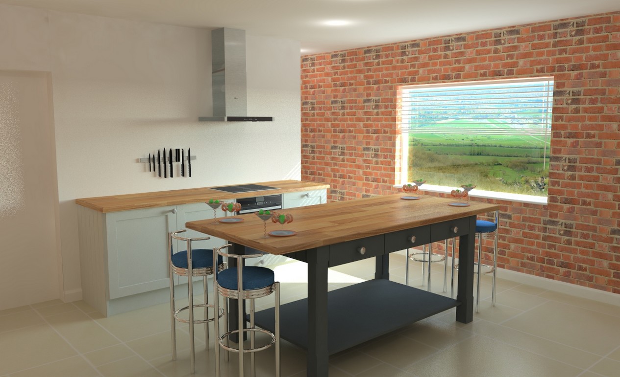 Redbrook design and install luxury kitchens in Gloucestershire. This illustration is of a central breakfast bar made from wood in a kitchen with exposed brick wall