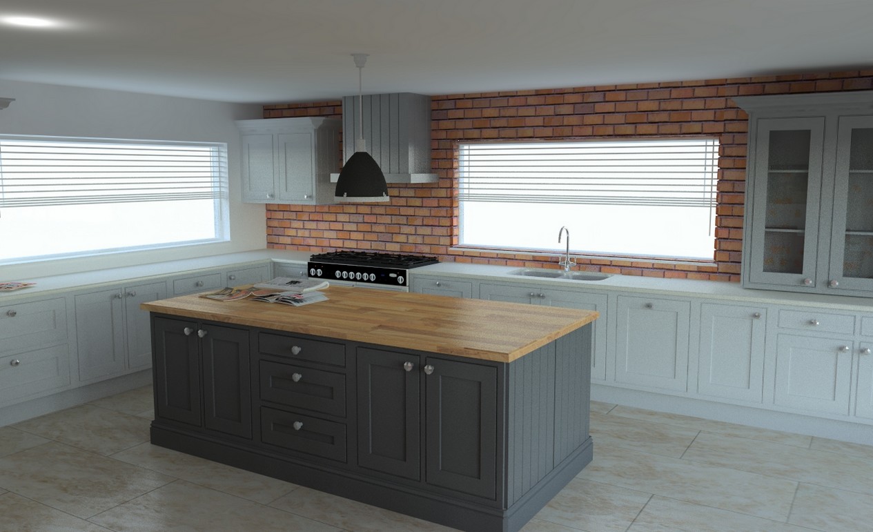Redbrook design and install luxury kitchens in Gloucestershire. This illustration is of a grey central island, exposed brick wall in the background and minimalist white kitchen units