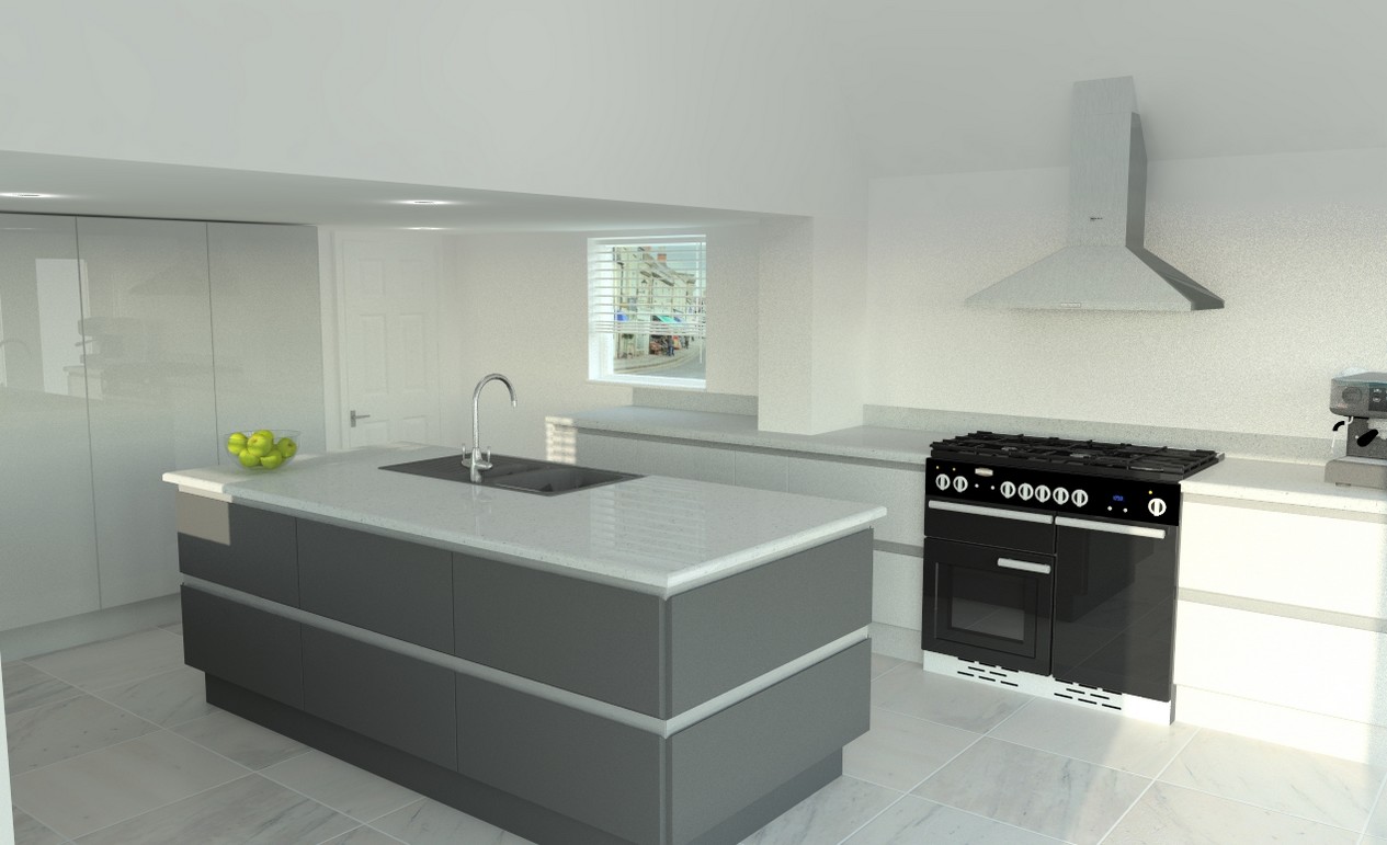 Redbrook design and install luxury kitchens in Gloucestershire. This illustration is of a grey central island with inbuilt sink. The rest of the kitchen is minimalist white with a gloss finish