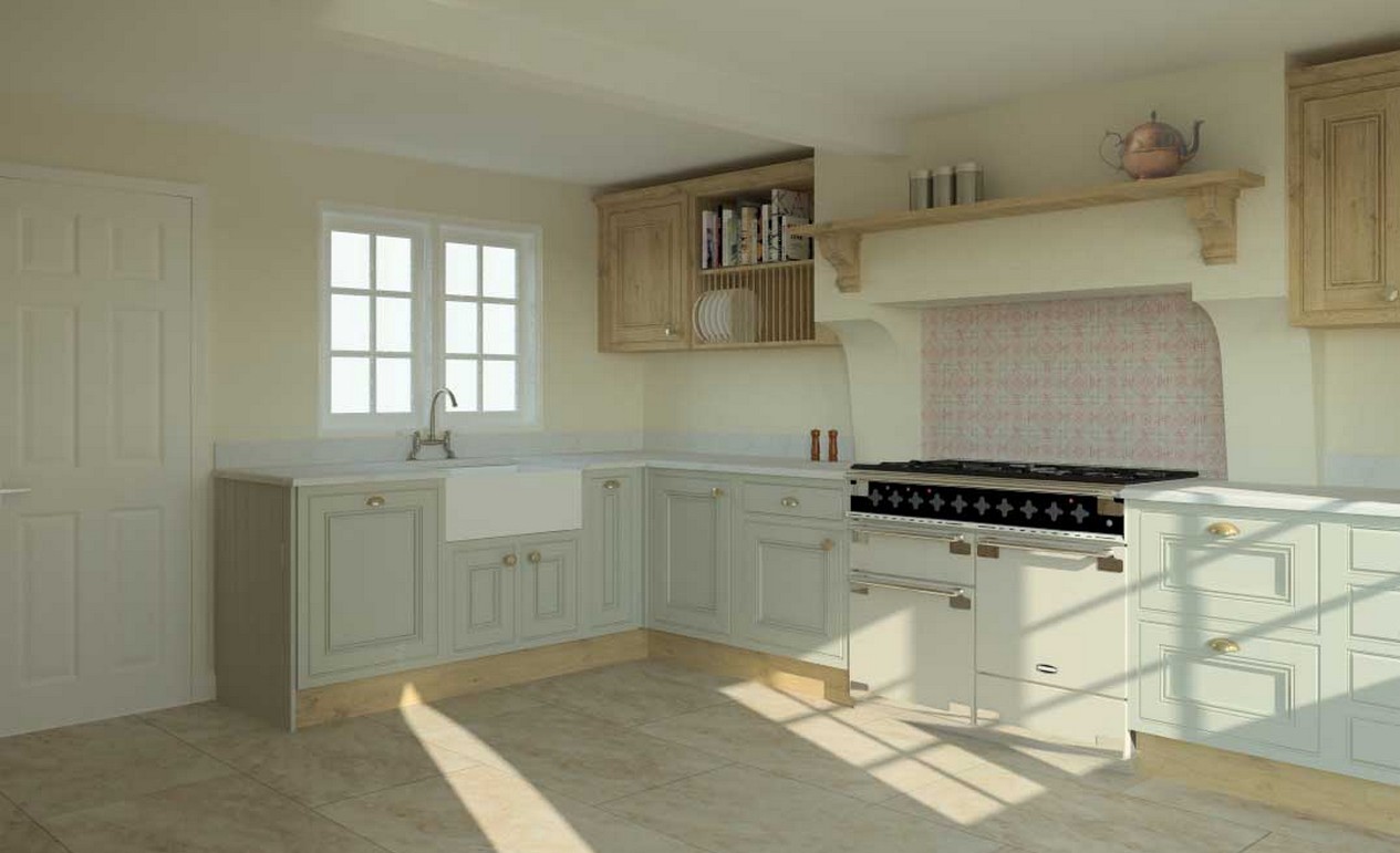 Redbrook design and install luxury kitchens in Gloucestershire. This illustration is of a traditional style kitchen with ago effect range and wooden cupboards